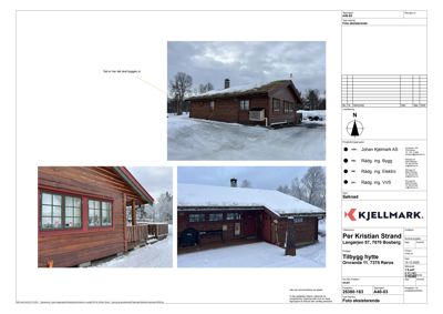 Fotografier av en eksisterende hytte i snø, inkludert et hovedbilde og to detaljbilder av fasaden.