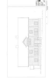 Fasadetegning av en trehus med vinduer og dører