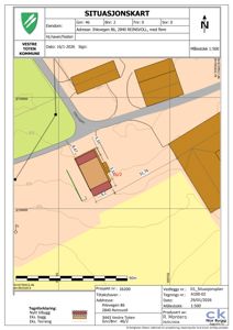 Situasjonskart som viser eiendomsgranser, naboeiendommer og bygningsplassering med målestokk 1:500.