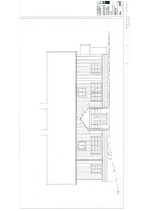 Fasadetegning av en trehus med vinduer og takkonstruksjon