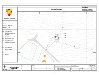 Situasjonskart som viser eiendomsnummer, adresse, utskriftsdato, målestokk (1:500), høydekurver, og plassering av bygninger på tomt. Inneholder også legend for eiendomsgrenser og hjelpelinjer.