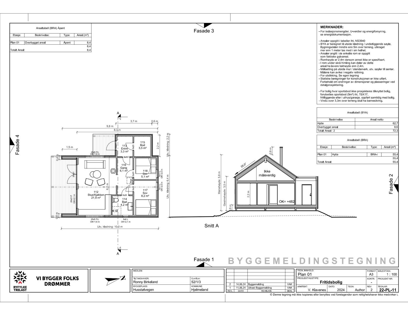 Bildet viser en byggesak tegning som inneholder en fasadetegning (Fasade 3) og en snittegning (Snitt A) av en fritidsbolig.