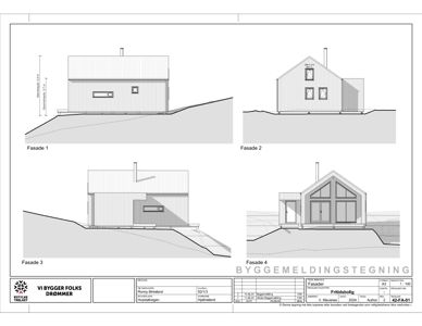 Fasadetegning som viser bygningens utseende fra fire ulike vinkler (Fasade 1-4).