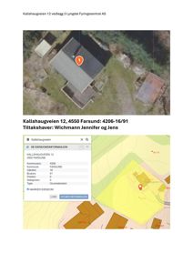 Bildet viser en digital kartvisning (kart) med eiendomsinformasjon for Kallshaugveien 12, inkludert et flyfoto og eiendomsgrenser.