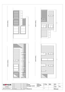 Fasadetegning som viser utsiden av en bygning fra fire ulike vinkler (nordest, sørøst, sørvest, nordvest).
