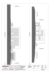 Tegning som viser tverrsnitt gjennom bygningen (terrensnitt) med oppgitt høyder og terrengforhold.