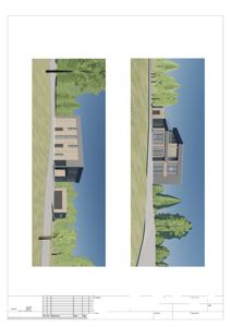 3D-visualiseringer (renderinger) av en planlagt bolig sett fra to ulike vinkler.