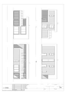 Fasadetegning som viser utsiden av en bygning fra fire ulike vinkler (nordest, sørøst, sørvest, nordvest).