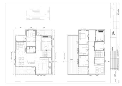 Plantegning som viser romfordeling og arealer for 1. og 2. etasje i en bolig.