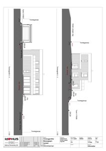 Tegning som viser tverrsnitt gjennom bygningen (terrensnitt) med oppgitt høyder, terrengforhold og tomtegrenser.