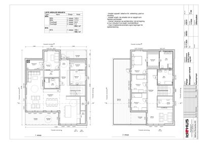 Plantegning som viser romfordeling og arealer for 1. og 2. etasje i en bolig.