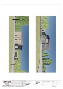 3D-visualiseringer (renderinger) av en planlagt bolig sett fra to ulike vinkler.