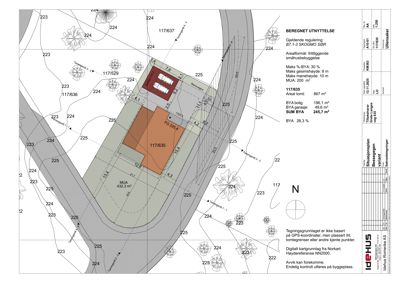 Situasjonsplan som viser tomtens form, høydemålerlinjer, bebyggelse og beregnet utnyttelse.