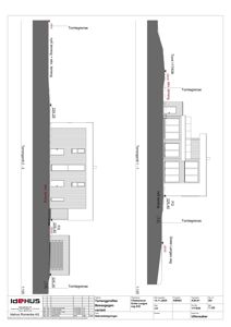 Tegning som viser tverrsnitt gjennom bygningen (terrensnitt) med oppgitt høyder og terrengforhold.