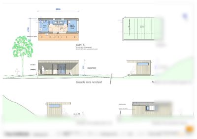 Fasadetegning med oppriss av en toalettbygning sett fra ulike vinkler (nordøst, nordvest, sydsøst, sydvest/skrønt).