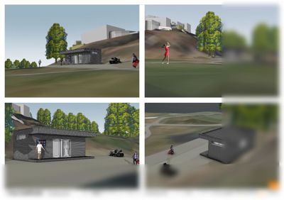En 3D-visualisering (rendering) av et toalettbygg på Fana Golfklubb, vist fra fire ulike perspektiver med omgivelser og personer.