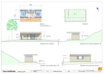 Fasadetegning med oppriss av en toalettbygning sett fra ulike vinkler (nordøst, nordvest, sydsøst, sydvest/skrønt).
