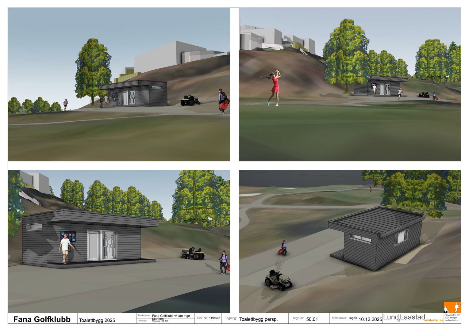 En 3D-visualisering (rendering) av et toalettbygg på Fana Golfklubb, vist fra fire ulike perspektiver med omgivelser og personer.