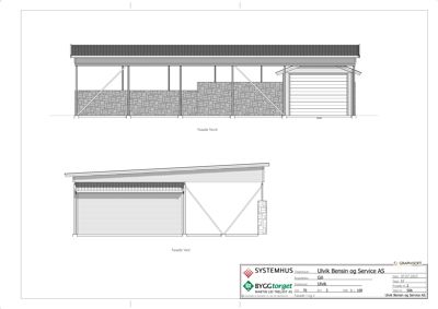 Fasadetegning som viser bygningens utsyn fra nord og vest.