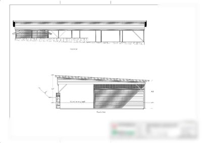 Tegning som viser fasadeopprikk (Fasade Sør og Fasade Aust) med mål og konstruksjonsdetaljer.