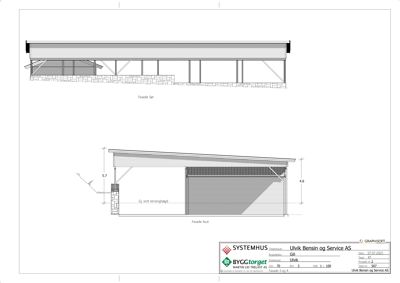 Tegning som viser fasadeopprikk (Fasade Sør og Fasade Aust) med mål og konstruksjonsdetaljer.