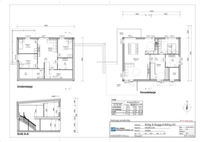 Plantegning som viser romfordeling for underetasjen og hovedetasjen, samt et snitt (A-A) av trappen.
