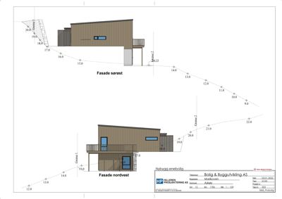 Fasadetegning som viser bygningens utseende og høyder sett fra to ulike vinkler (sørøst og nordvest).