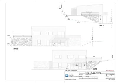 Fasadetegning som viser bygningens utsyn fra tre ulike vinkler (MUR 1, MUR 2, MUR 3) med mål og terrengforhold.