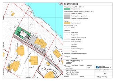 Situasjonskart som viser tomtens beliggenhet, høydekurver, naboeiendommer, vegnett og byggegrenser.