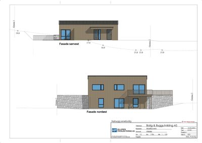 Fasadetegning som viser bygningens utseende fra sørvest og nordøst, inkludert materialvalg, vindusoppsett og terrassering.