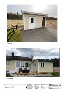 Fotografier av et utebod og en hagestue med tilhørende tekstbeskrivelser.