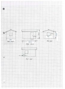 Håndtegnet fasadetekning som viser bygningens utsyn mot vest, nord, øst og sør med mål og skisse.
