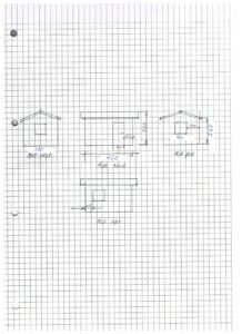 Håndtegnet fasadetegning (opprikk) av en liten bygning, vist fra fire sider (N, S, E, V) med mål og takform.