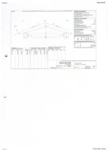 Tegning som viser et tverrsnitt (snitt) av en takkonstruksjon med angitte mål og en tabell med beregningsdata for taket.