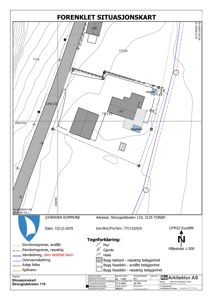 Forenklet situasjonskart som viser tomtens beliggenhet, eiendomsgrenser, vannledninger og nabolag.