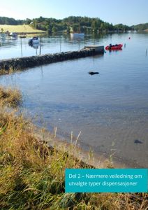 Fotografi av en havneområde med båter, en kai og vegetasjon langs kysten.