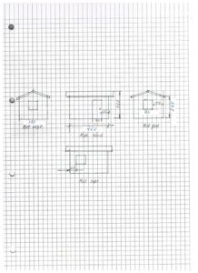 Håndtegnet fasadetekning som viser bygningens utsyn mot vest, nord, øst og sør med mål og skisse.