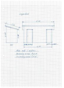 En håndtegnet etasjeplan (eller grunnplan) av en lagerbod med angitte mål og arealoppsummering.