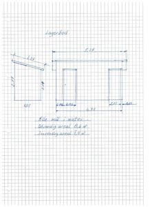 En håndtegnet etasjeplan (eller grunnplan) av en lagerbod med angitte mål og arealoppsummering.