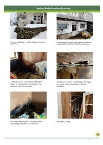 Et sammensatt bilde (collage) som viser flere fotografier av skader på en bygning, inkludert råteskadet terrasse, fukt i kjeller og hull i potetlag.