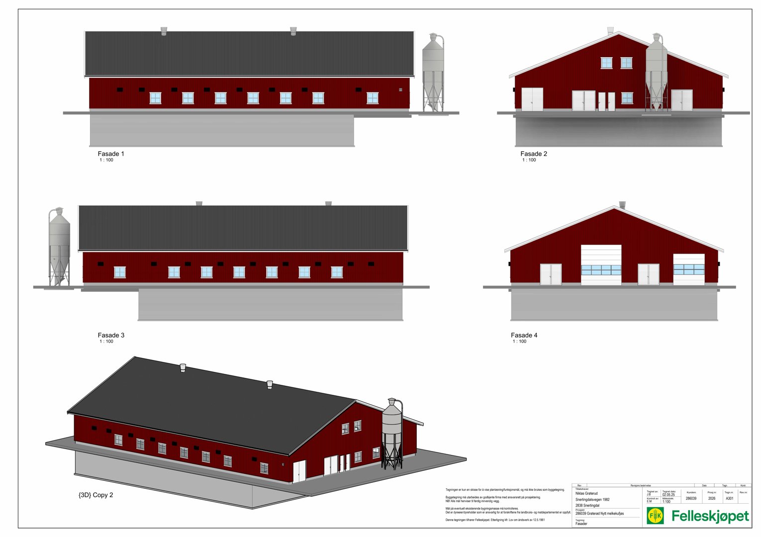 3D-visualisering av en bygning med fire fasadeutsnitt og en helhetsvisning.