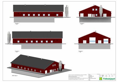 3D-visualisering av en bygning med fire fasadeutsnitt og en helhetsvisning.