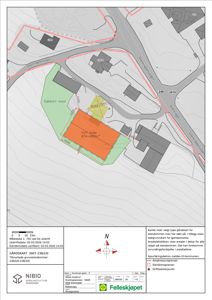 Situasjonsplan (gårdsplan) som viser eiendomsgranser, bygdegrenser, arealstatistikk og nabolag.