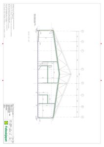 Snittegning (Snitt 01-01) som viser bygningens tverrsnitt, høyder, takform og konstruksjon.