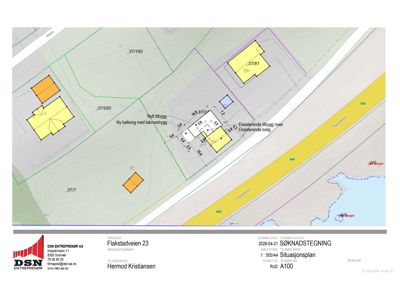 Situasjonsplan som viser tomtens beliggenhet, nabotomter, eksisterende og nytt bygg, samt veger og vannløp.