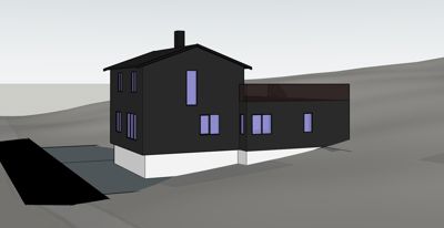 3D-visualisering av en husmodell med vinduer, tak og røykpipe sett fra en vinkel.