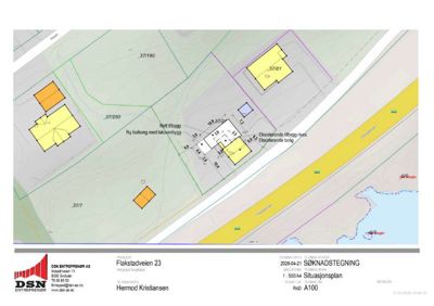 Situasjonsplan som viser tomtens beliggenhet, nabotomter, eksisterende og nytt bygg, samt veger og vannløp.