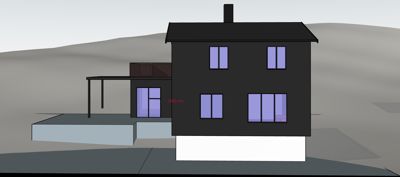 3D-visualisering (rendering) av en toetasjes bolig sett fra fronten, med en tilhørende garasje eller uthus til venstre.
