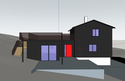 3D-visualisering av en bygning sett fra siden, med synlig fasade, vinduer, dører og trapp.