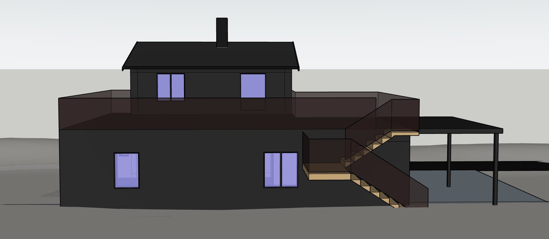 3D-visualisering (rendering) av en bygning sett fra siden, som viser fasade, vinduer, tak, trapp og en utvendig terrasse.
